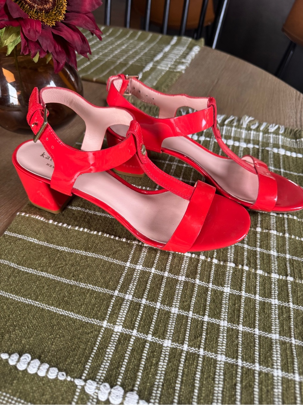 KATE SPADE Panama Red Patent T-Strap Heels 7.5M